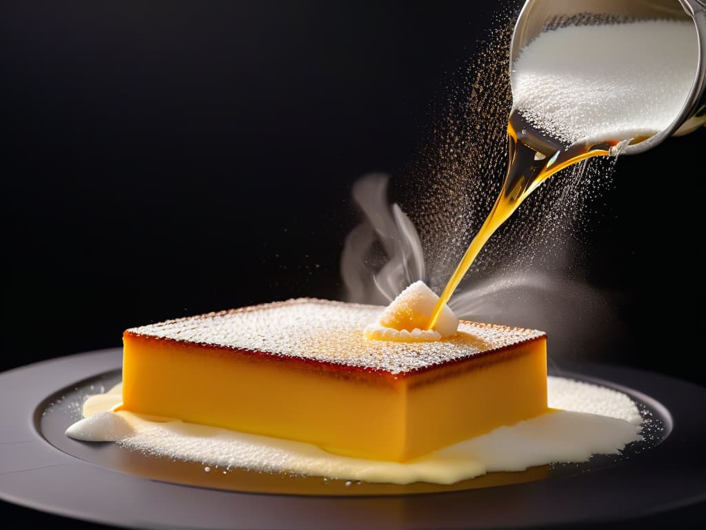  A closeup, ultradetailed image of a pristine, white sugar cube being delicately sprinkled onto a beautifully crafted, goldenbrown crème brûlée. The sugar cube is captured midair, suspended in a shower of fine sugar crystals, creating a mesmerizing display of texture and contrast. The rich caramelized top of the dessert glistens under the soft ambient light, showcasing the perfect balance of sweetness and sophistication. hyperrealistic, full body, detailed clothing, highly detailed, cinematic lighting, stunningly beautiful, intricate, sharp focus, f/1. 8, 85mm, (centered image composition), (professionally color graded), ((bright soft diffused light)), volumetric fog, trending on instagram, trending on tumblr, HDR 4K, 8K