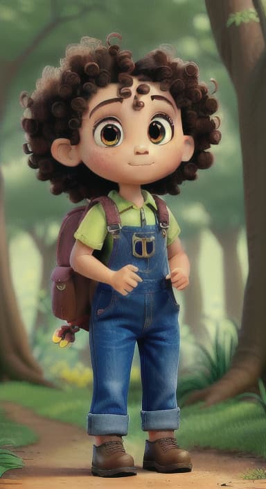  {The tree with a twinkling eye, while its leaves gently rustle., Riley, a curious with big brown eyes and curly hair, wearing overalls and carrying a small backpack. Their friend, Skye, a bluebird with shiny feathers.