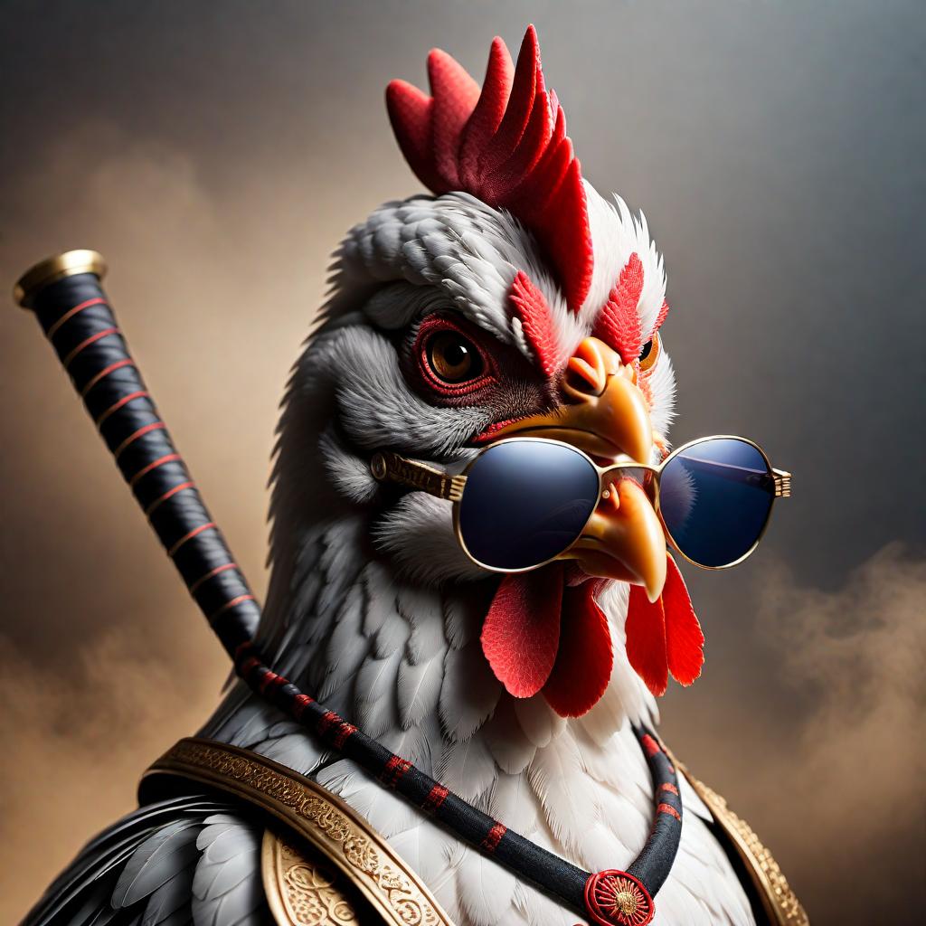  Create an image of a chicken wearing sunglasses and holding a samurai sword while dressed in traditional samurai clothing. hyperrealistic, full body, detailed clothing, highly detailed, cinematic lighting, stunningly beautiful, intricate, sharp focus, f/1. 8, 85mm, (centered image composition), (professionally color graded), ((bright soft diffused light)), volumetric fog, trending on instagram, trending on tumblr, HDR 4K, 8K