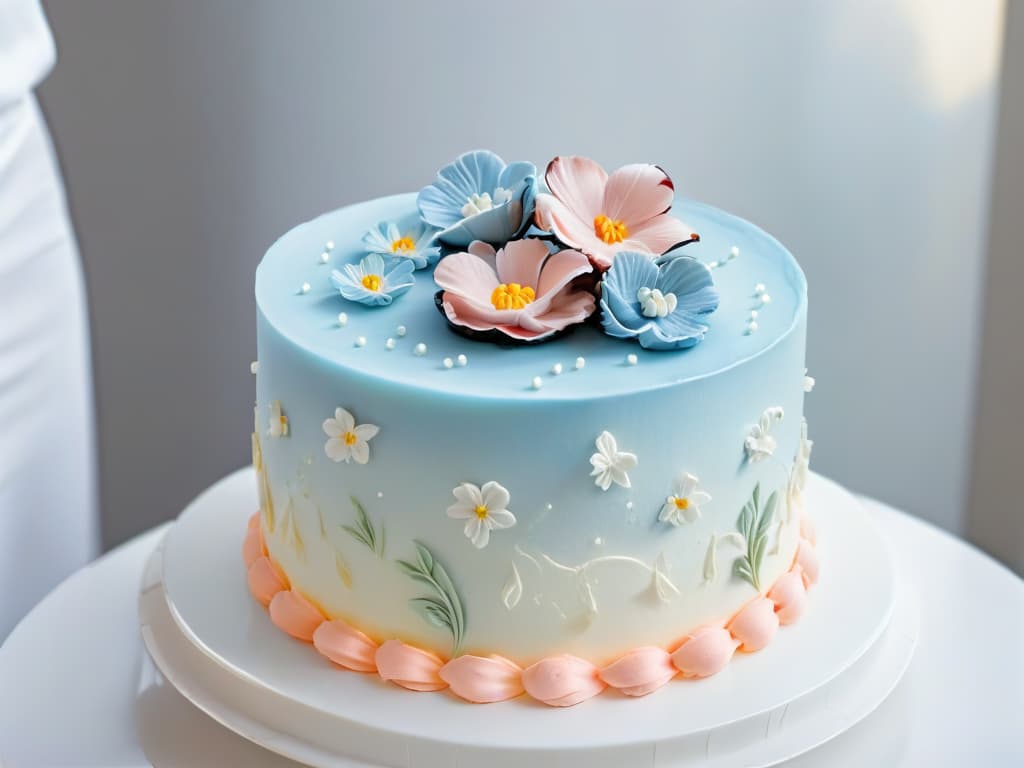  A closeup, ultradetailed image of a perfectly frosted threetiered cake adorned with delicate sugar flowers and intricate piping details, set against a clean white background to highlight its flawless craftsmanship and artistry. The cake features a subtle ombré effect transitioning from pastel pink at the bottom to a soft cream shade at the top, creating a visually stunning and elegant dessert that showcases the precision and skill of a master pastry chef. hyperrealistic, full body, detailed clothing, highly detailed, cinematic lighting, stunningly beautiful, intricate, sharp focus, f/1. 8, 85mm, (centered image composition), (professionally color graded), ((bright soft diffused light)), volumetric fog, trending on instagram, trending on tumblr, HDR 4K, 8K