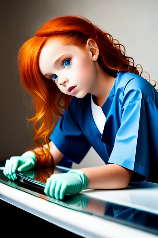 modelshoot style A amber haired youngest tiny  tween  in a shiny clear plastic see-through gloves lying on her back on a medical examination table with her    open