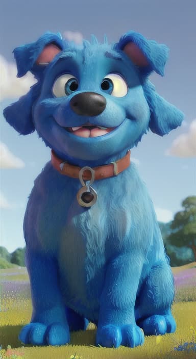  {A happy, big blue dog wagging its tail in a colorful meadow, The big blue dog is large with sky blue fur, big round eyes, a black nose, and floppy ears.