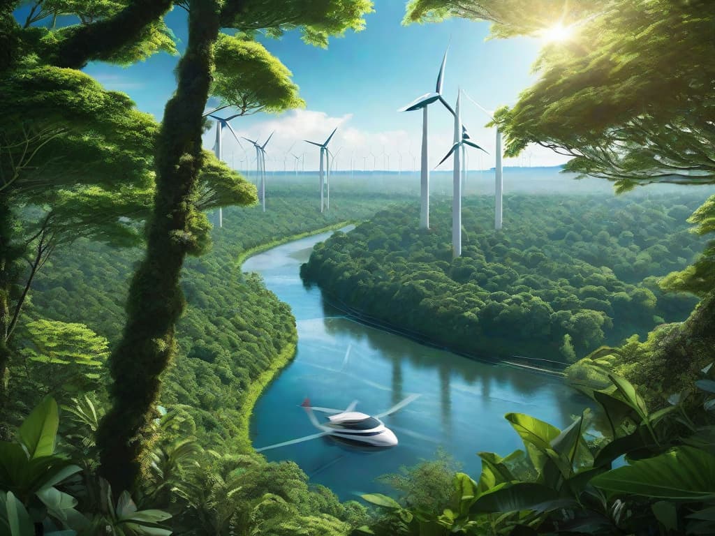  Lush Amazon rainforest canopy intersected by a winding river, with solar panels glistening in the foreground and wind turbines on the horizon against a clear blue sky. digital art, ilustration, no flares, clean hyperrealistic, full body, detailed clothing, highly detailed, cinematic lighting, stunningly beautiful, intricate, sharp focus, f/1. 8, 85mm, (centered image composition), (professionally color graded), ((bright soft diffused light)), volumetric fog, trending on instagram, trending on tumblr, HDR 4K, 8K