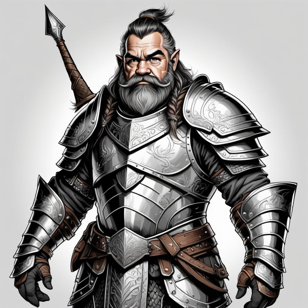  male dwarf in armor, full lenght, line art style, clean and crisp lines, sharp boundaries between colors, black and white colors, properly drawn hands, detailed, mid shot, clear white background