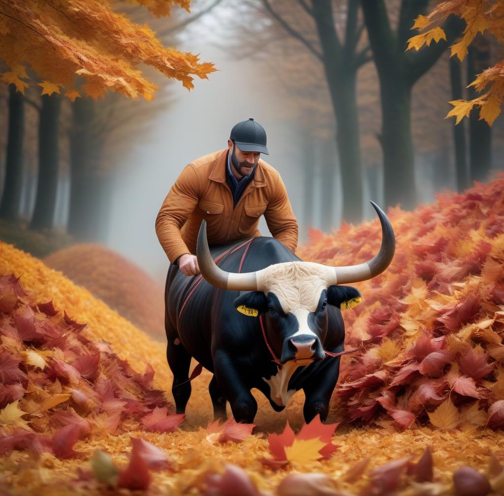  bull ploughing through a big pile of autumn leaves hyperrealistic, full body, detailed clothing, highly detailed, cinematic lighting, stunningly beautiful, intricate, sharp focus, f/1. 8, 85mm, (centered image composition), (professionally color graded), ((bright soft diffused light)), volumetric fog, trending on instagram, trending on tumblr, HDR 4K, 8K