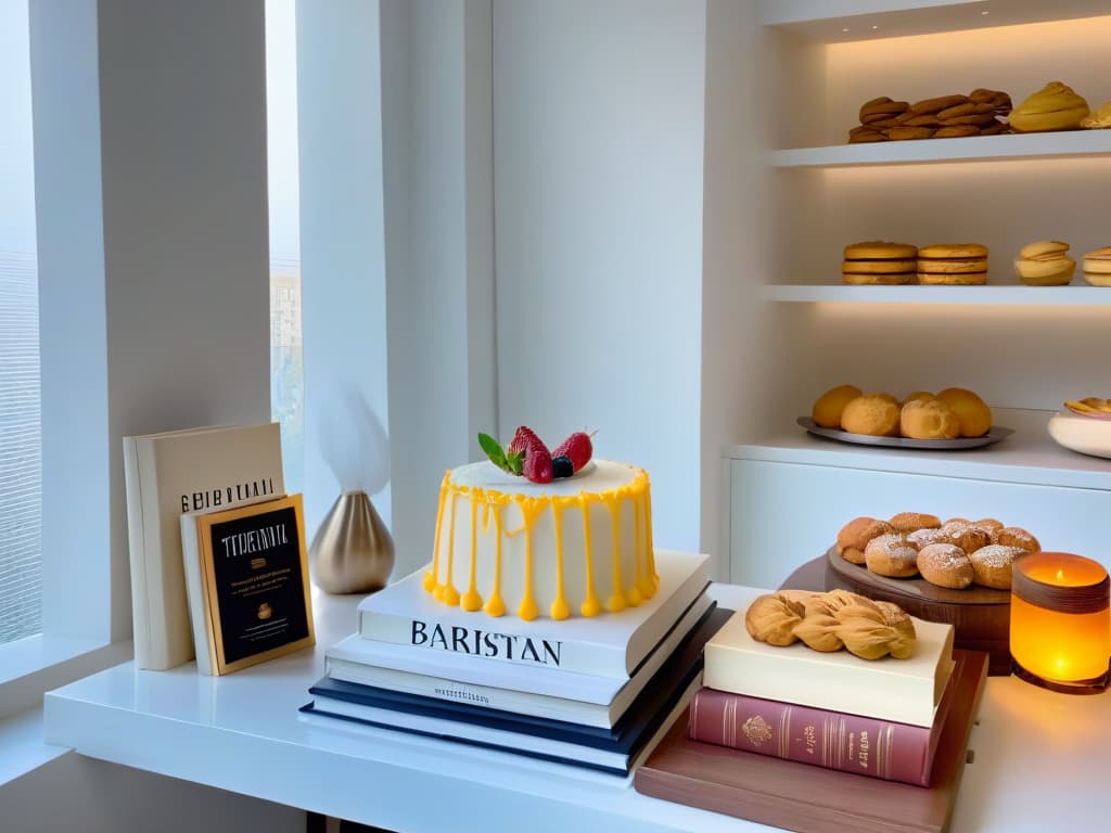  A highresolution image of a sleek, modern kitchen with marble countertops, minimalist white cabinets, and a stylish display of international baking books neatly lined up on a shelf. The sunlight streaming in through large windows casts a warm glow over the scene, highlighting the intricate designs on the book covers and creating a serene, inviting atmosphere for any aspiring baker. hyperrealistic, full body, detailed clothing, highly detailed, cinematic lighting, stunningly beautiful, intricate, sharp focus, f/1. 8, 85mm, (centered image composition), (professionally color graded), ((bright soft diffused light)), volumetric fog, trending on instagram, trending on tumblr, HDR 4K, 8K