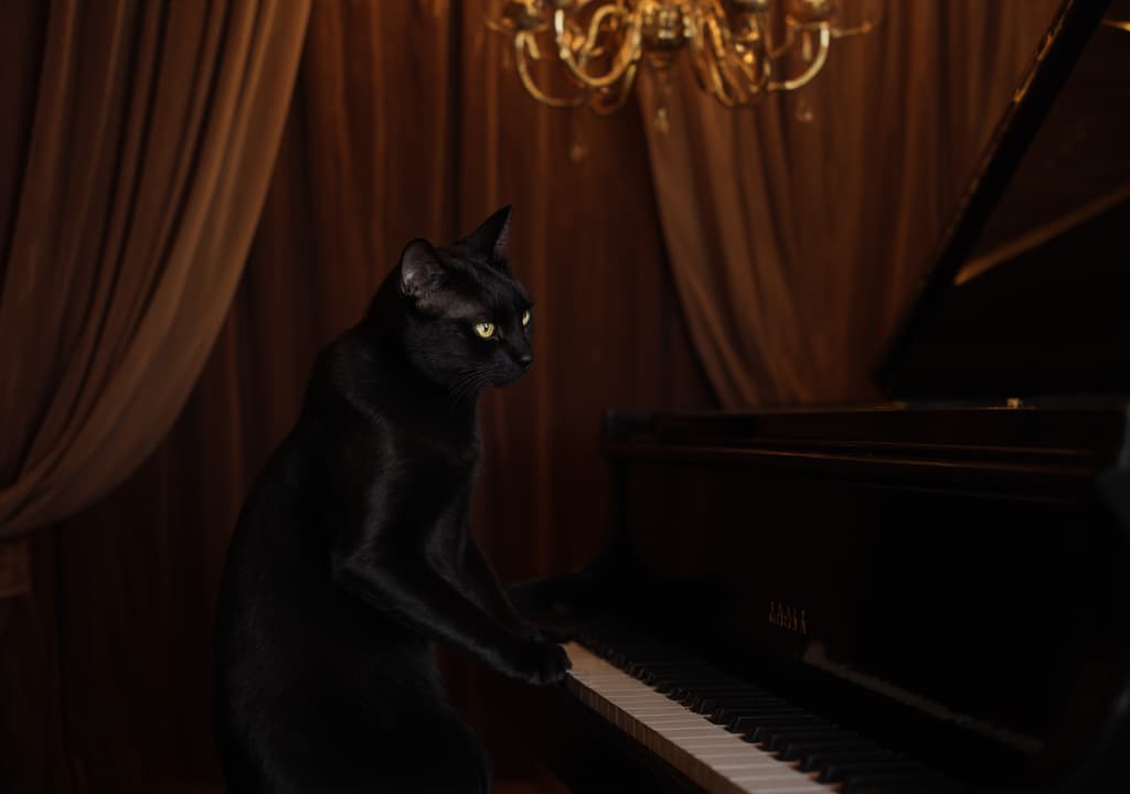  good quality, high quality, a cat, sitting upright on a grand piano, with its paws delicately pressing the keys. the setting is a luxurious, dimly lit room with velvet curtains and a chandelier overhead. the cat is a sleek, black feline with a shiny coat, and its eyes are focused intently on the keys as if it’s deeply engrossed in the music. the piano is polished to a high sheen, reflecting the soft glow of the chandelier, and there’s a faint sense of magic in the air.