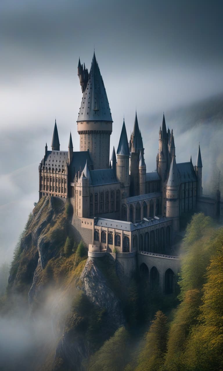  Hogwarts school building on the mountain and in the mist hyperrealistic, full body, detailed clothing, highly detailed, cinematic lighting, stunningly beautiful, intricate, sharp focus, f/1. 8, 85mm, (centered image composition), (professionally color graded), ((bright soft diffused light)), volumetric fog, trending on instagram, trending on tumblr, HDR 4K, 8K