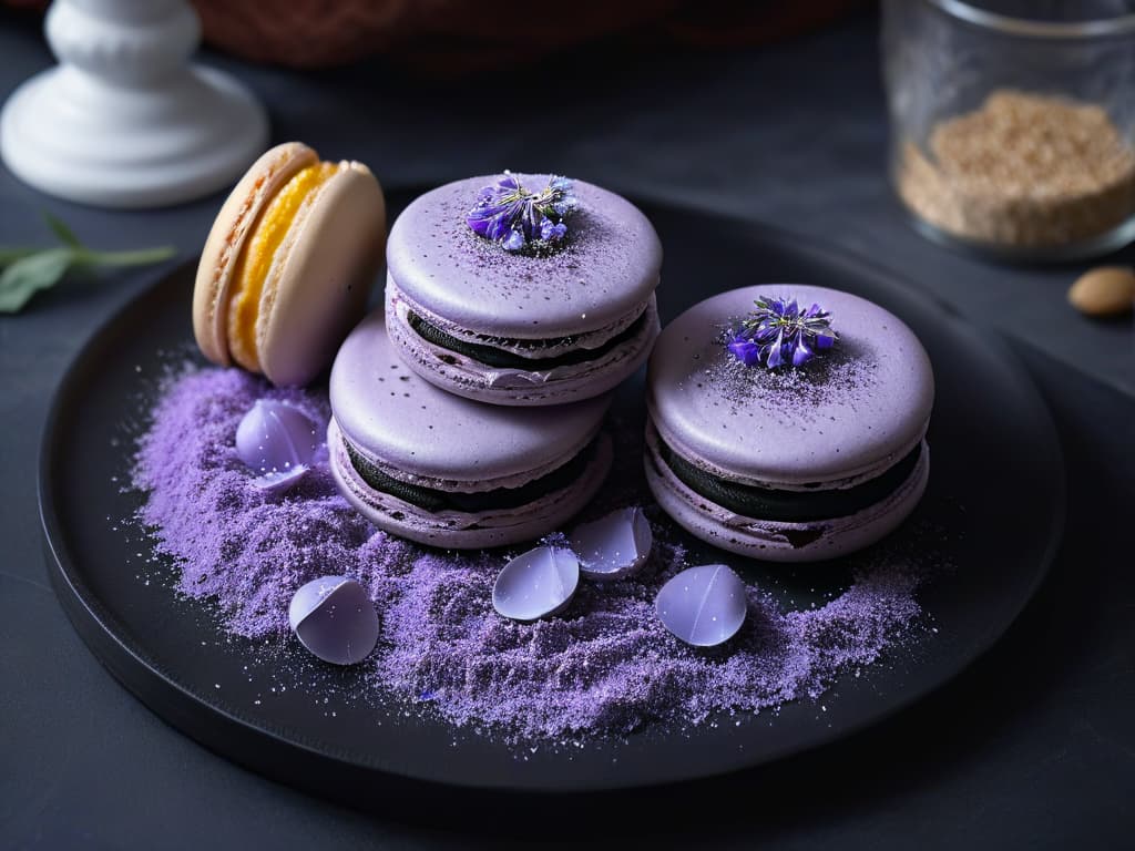  A closeup, ultradetailed image of a single lavender macaron resting delicately on a sleek, modern, matte black plate. The macaron is perfectly baked with a smooth, shiny surface, showcasing the subtle purple hue of the lavender flavor. Tiny specks of dried lavender petals are scattered around the macaron, adding a touch of elegance to the scene. The lighting is soft and highlights the intricate details of the dessert, emphasizing its luxurious and sophisticated appeal. hyperrealistic, full body, detailed clothing, highly detailed, cinematic lighting, stunningly beautiful, intricate, sharp focus, f/1. 8, 85mm, (centered image composition), (professionally color graded), ((bright soft diffused light)), volumetric fog, trending on instagram, trending on tumblr, HDR 4K, 8K