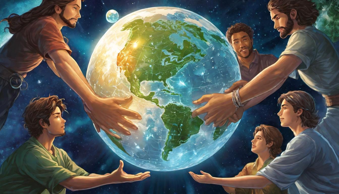  digital illustration, A circle of figures, holding hands, forming an unbroken chain around a luminous globe, Figures diverse in appearance, united in purpose, Globe pulsating with light at their center, solidifying unity, collective strength, harmonious synchronization, silent vow of guardianship, looking at viewer, dynamic pose, (intricate details, masterpiece, best quality)