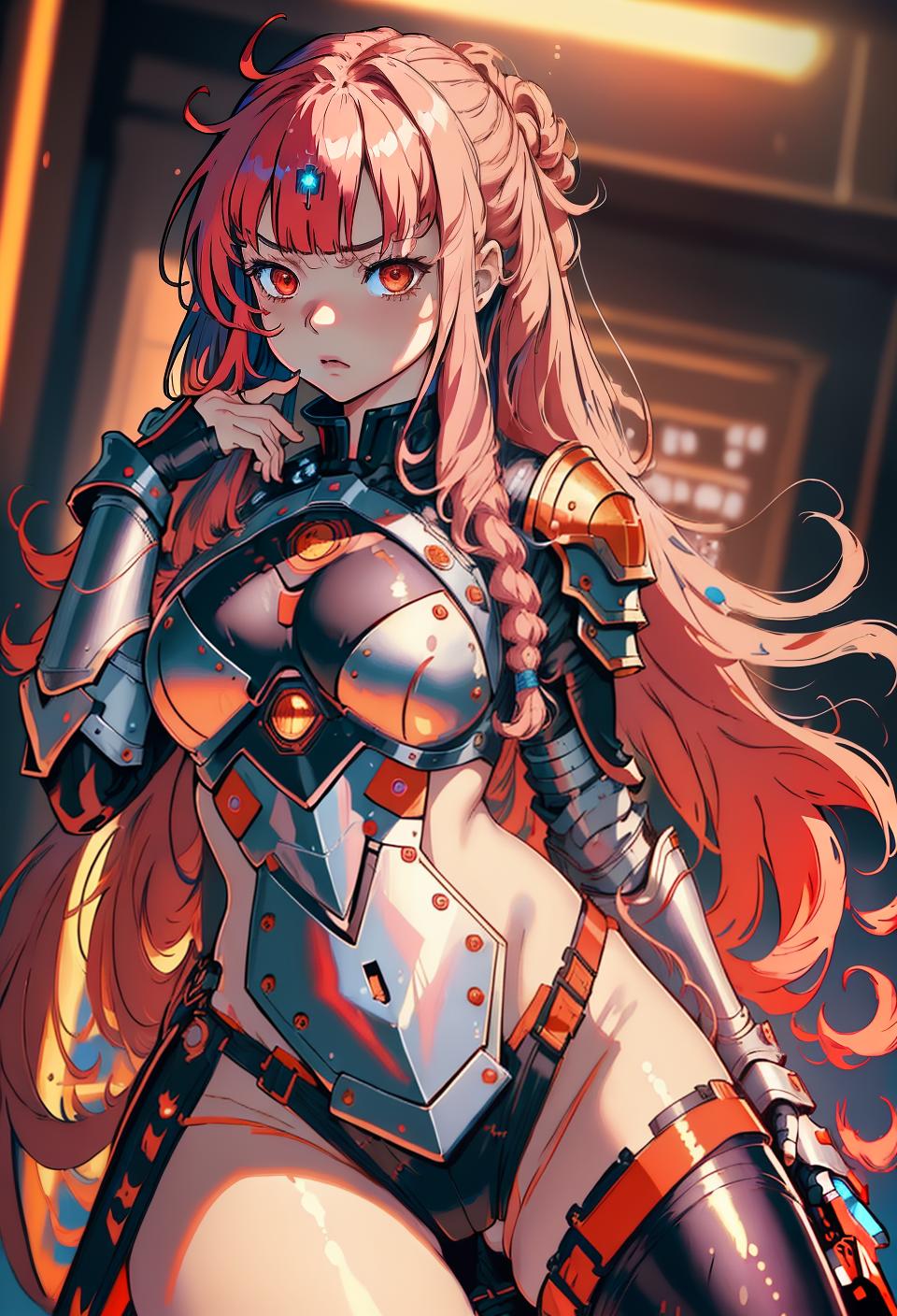  ((trending, highres, masterpiece, cinematic shot)), 1girl, young, female wearing armor, very long curly pink hair, asymmetrical bangs, large orange eyes, sarcastic personality, sleepy expression, red skin, chaotic, limber