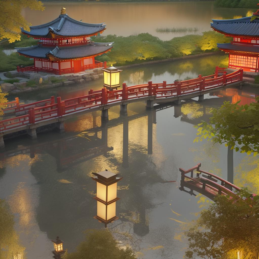  masterpiece, best quality, (Fidelity: 1.4), Best Quality, Masterpiece, Ultra High Resolution, 8k resolution, A night view inspired by Japanese art, featuring a garden illuminated by paper lanterns and a wooden bridge spanning a tranquil lake, by the lakeside, there is a small Zen temple. The water reflects the starry sky.