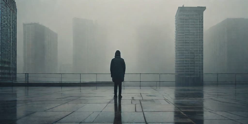  arafed image of a person standing in front of a tall building, eerie looking, eerie!, foggy dystopian world, dark eerie pic, dark eerie photo, low visibility creepy, eerie vibes, eerie vibe, eerie mood, eerie atmosphere, at a deserted soviet union city, black fog, eerie person, dark and foggy, eerie and atmospheric, misty and eeri hyperrealistic, full body, detailed clothing, highly detailed, cinematic lighting, stunningly beautiful, intricate, sharp focus, f/1. 8, 85mm, (centered image composition), (professionally color graded), ((bright soft diffused light)), volumetric fog, trending on instagram, trending on tumblr, HDR 4K, 8K