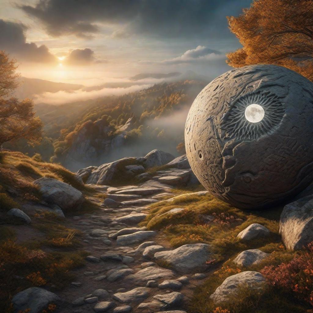  magnificent giant moon eyeball vision unify runestone revolutionary hyperrealistic, full body, detailed clothing, highly detailed, cinematic lighting, stunningly beautiful, intricate, sharp focus, f/1. 8, 85mm, (centered image composition), (professionally color graded), ((bright soft diffused light)), volumetric fog, trending on instagram, trending on tumblr, HDR 4K, 8K