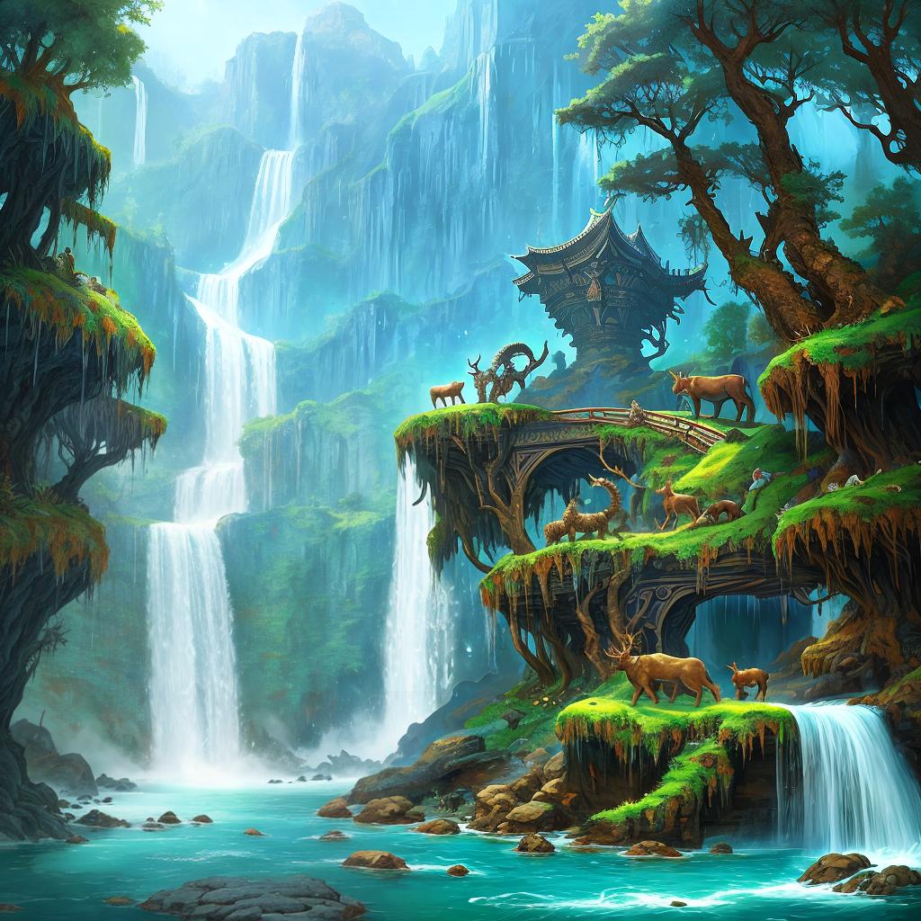  in a fantasy setting, Paint a surreal landscape where mythical beasts roam amidst cascading waterfalls.