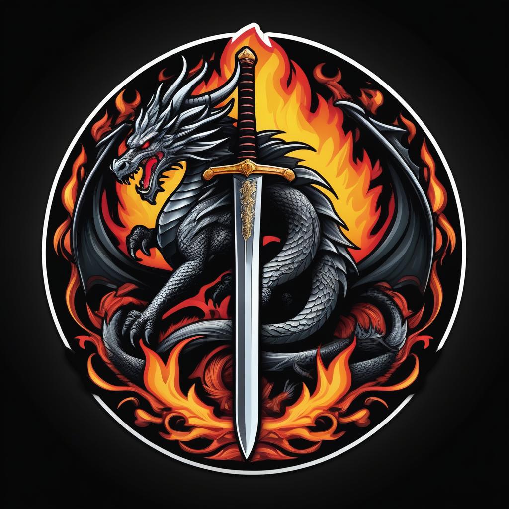  Custom sticker design on an isolated black background decorated by mythical dragons and a flaming sword