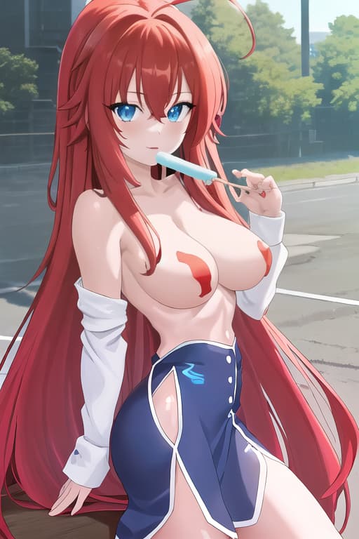  no ,bare,no shirt,no clothes,ing popsicle,masterpiece, best quality, 1women, long red hair, looking at viewer, :3, cute, black uniform, outdoors, streets, cowboy shot, curvy, (((blue eyes))), rias gremory, red hair, antenna hair, wavy hair, ((beautiful detailed eyes, beautiful detailed glow, lots of glow)), anime screencap