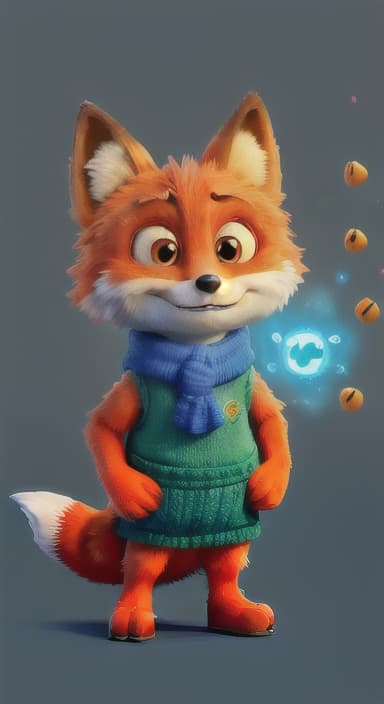  {Error the fox pressing the blue button with his paw, looking puzzled as nothing occurs., Error is a small, bright orange fox with a fluffy tail and big, inquisitive eyes. He has a mischievous yet kind expression and wears a tiny green scarf.