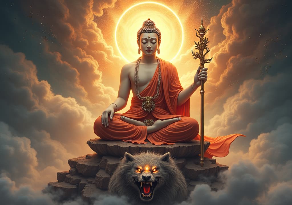  good quality, high quality, this image depicts kṣitigarbha buddha in a powerful and ethereal scene. he sits in a meditative pose, holding his khakkhara staff and a wish fulfilling jewel. a radiant halo surrounds his head, symbolizing his divine enlightenment and spiritual power. the background features swirling, mystical energies, and a fierce, protective creature at his feet, symbolizing his role as a guardian and savior. the detailed, glowing aura highlights his compassion and strength, capturing the essence of his transformative energy.