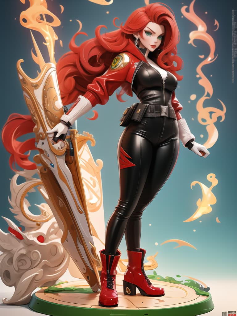  masterpiece, best quality, official art, extremely detailed cg 8k, tall female, white, athletic build, long red hair, large green eyes, angry, full red lips, small leather jacket, tight black leather pants, black leather high heeled boots, two arms, two legs, standing, rear 3/4 profile, devilish grin,