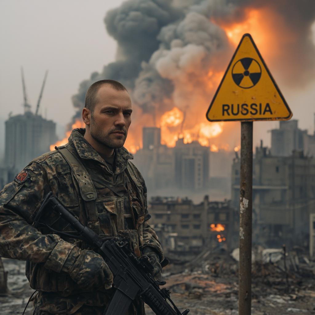  ultra high quality, very detailed , russian city destroyed by nuclear disaster , buildings on fires , man soldier looking at camera , wearing a poland military suit with no helmet standing near city white sign with the text 'russia' written on it , nuclear warning sign hyperrealistic, full body, detailed clothing, highly detailed, cinematic lighting, stunningly beautiful, intricate, sharp focus, f/1. 8, 85mm, (centered image composition), (professionally color graded), ((bright soft diffused light)), volumetric fog, trending on instagram, trending on tumblr, HDR 4K, 8K