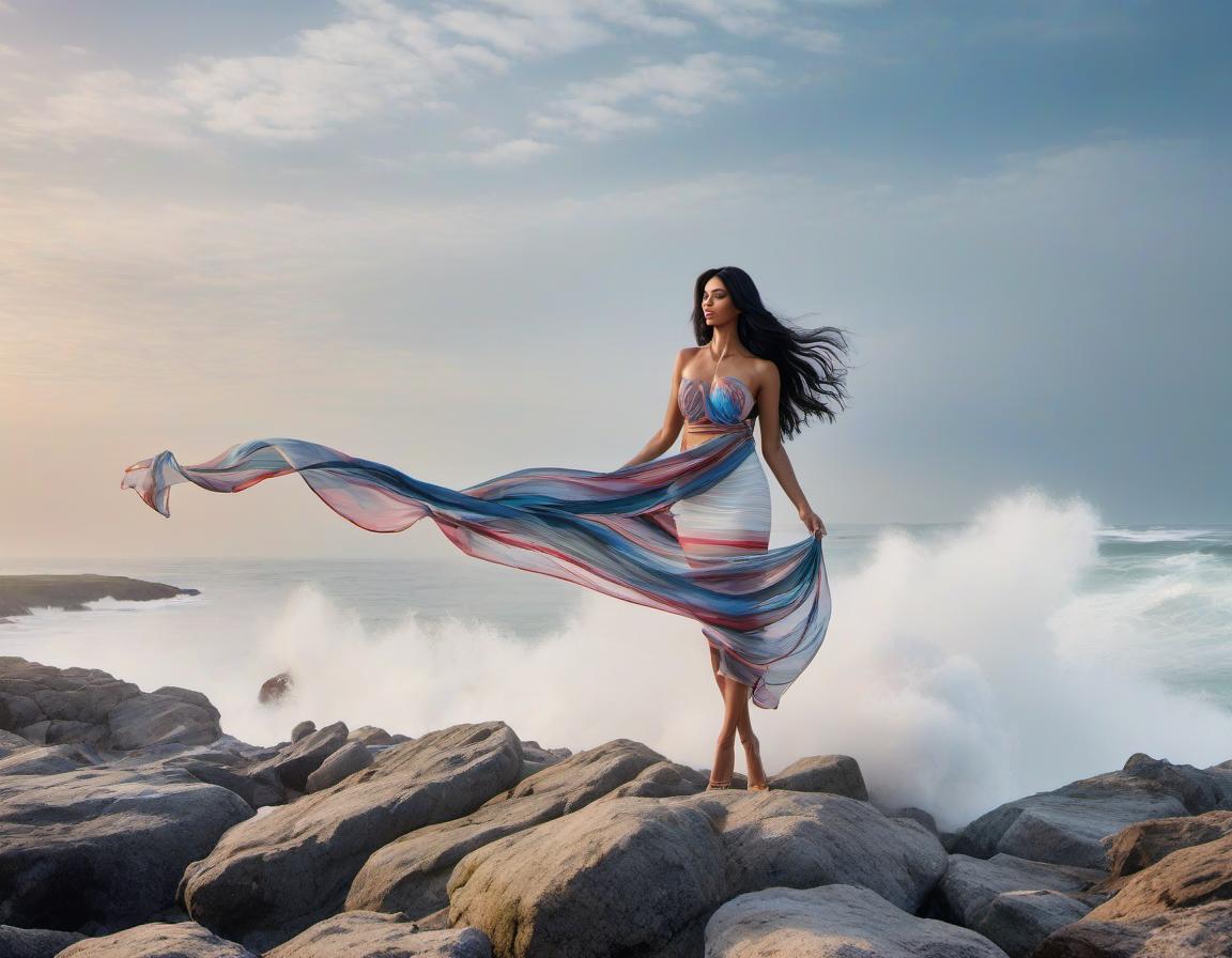  hyperrealistic art Watercolor of a lovely woman, long wavy black hair, standing on a rocky headland overlooking a beach. Her clothing made of many multicolored silk scarves is blowing in the wind, her head held high her eyes closed, enjoying the feeling of freedom . extremely high resolution details, photographic, realism pushed to extreme, fine texture, incredibly lifelike hyperrealistic, full body, detailed clothing, highly detailed, cinematic lighting, stunningly beautiful, intricate, sharp focus, f/1. 8, 85mm, (centered image composition), (professionally color graded), ((bright soft diffused light)), volumetric fog, trending on instagram, trending on tumblr, HDR 4K, 8K