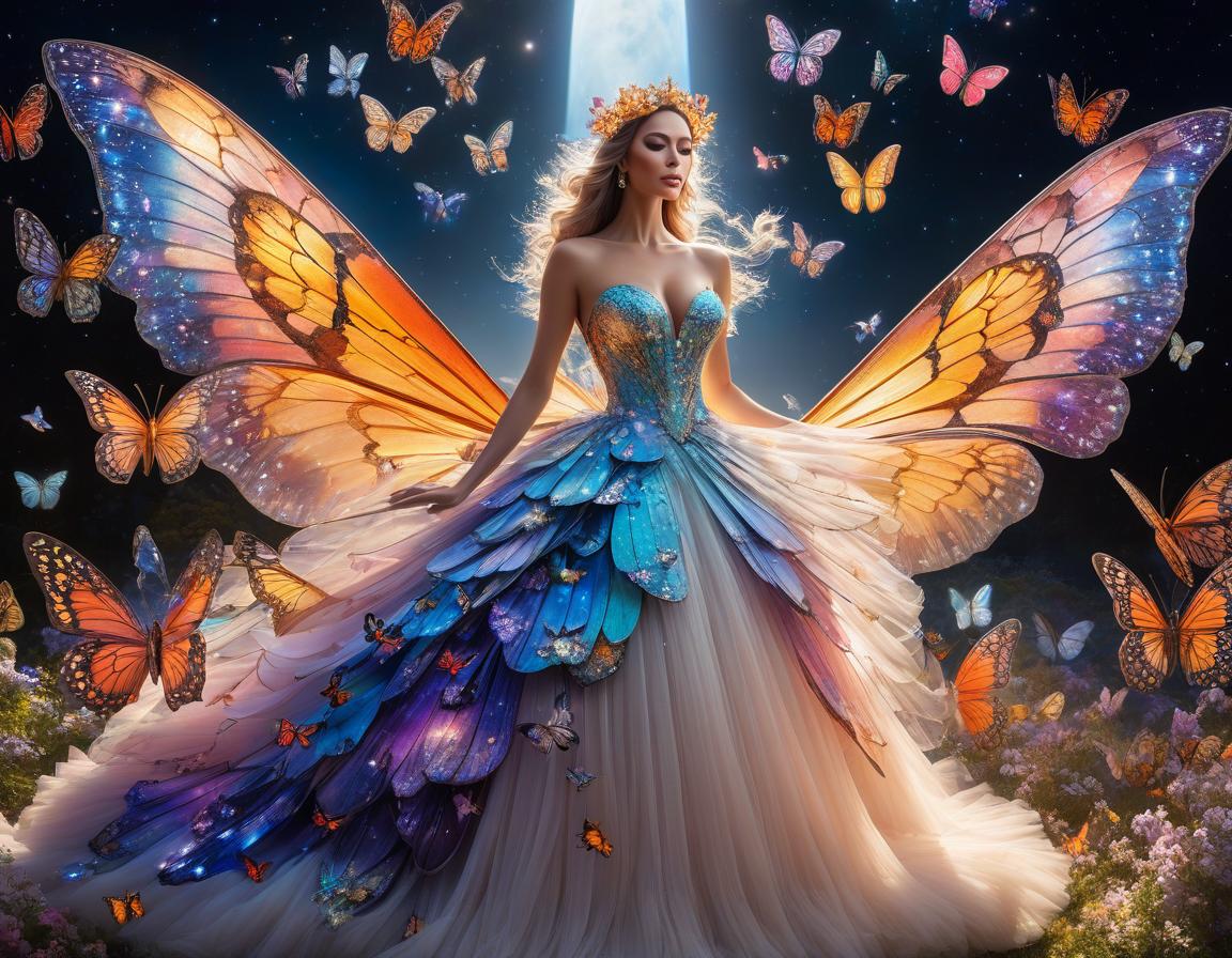  space themed Fairy flies in a dress of 1000 colorful butterflies of different sizes, the train of the dress It develops, through the clouds, rays of light, glow, haze and shine . cosmic, celestial, stars, galaxies, nebulas, planets, science fiction, highly detailed hyperrealistic, full body, detailed clothing, highly detailed, cinematic lighting, stunningly beautiful, intricate, sharp focus, f/1. 8, 85mm, (centered image composition), (professionally color graded), ((bright soft diffused light)), volumetric fog, trending on instagram, trending on tumblr, HDR 4K, 8K