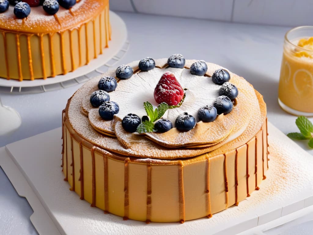  An ultradetailed closeup image of a freshly baked Torta de Milhojas, showcasing its delicate layers of flaky pastry and rich dulce de leche filling, topped with a dusting of powdered sugar and garnished with fresh berries and mint leaves. The goldenbrown crust glistens invitingly, and the layers are perfectly visible, enticing the viewer with the promise of a decadent and traditional Latin American dessert. hyperrealistic, full body, detailed clothing, highly detailed, cinematic lighting, stunningly beautiful, intricate, sharp focus, f/1. 8, 85mm, (centered image composition), (professionally color graded), ((bright soft diffused light)), volumetric fog, trending on instagram, trending on tumblr, HDR 4K, 8K