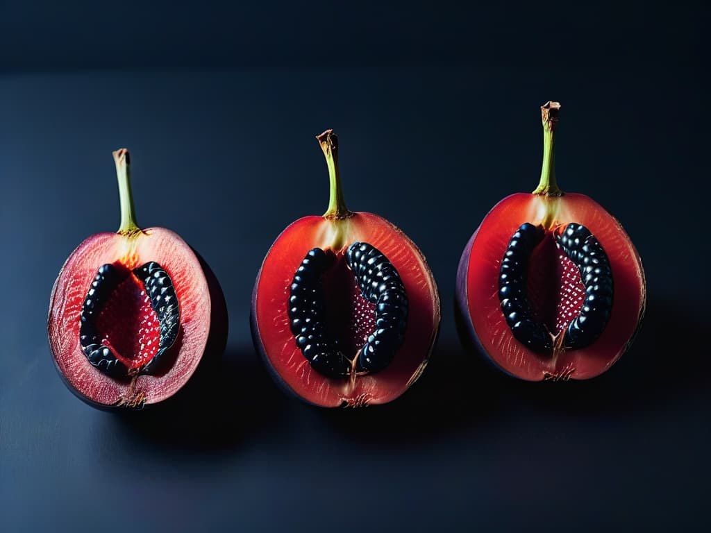  An ultradetailed closeup photograph of a velvety, dark purple zapote negro fruit split in half, showcasing its rich, glossy texture, intricate seed pattern, and vibrant color contrasts. The minimalistic composition highlights the natural beauty and mystery of this unique ingredient, evoking a sense of intrigue and sophistication. hyperrealistic, full body, detailed clothing, highly detailed, cinematic lighting, stunningly beautiful, intricate, sharp focus, f/1. 8, 85mm, (centered image composition), (professionally color graded), ((bright soft diffused light)), volumetric fog, trending on instagram, trending on tumblr, HDR 4K, 8K