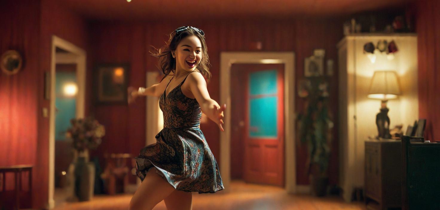  tilt shift photo of In a dark red room, a girl dances happily. . Selective focus, miniature effect, blurred background, highly detailed, vibrant, perspective control, FILM PHOTOGRAPHY STYLE hyperrealistic, full body, detailed clothing, highly detailed, cinematic lighting, stunningly beautiful, intricate, sharp focus, f/1. 8, 85mm, (centered image composition), (professionally color graded), ((bright soft diffused light)), volumetric fog, trending on instagram, trending on tumblr, HDR 4K, 8K