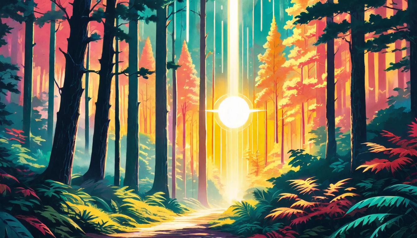  retro futuristic Sunbeams piercing through a dense forest, illuminating paths with warmth and radiance, guiding the way. Mood: intentional positivity, illuminating, hopeful. lvintage sci fi, 50s and 60s style, atomic age, vibrant, highly detailed