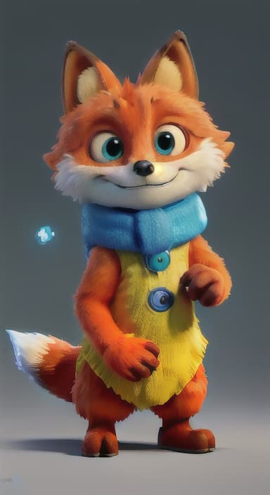  {Error the fox pressing the blue button with his paw, looking puzzled as nothing occurs., Error is a small, bright orange fox with a fluffy tail and big, inquisitive eyes. He has a mischievous yet kind expression and wears a tiny green scarf.