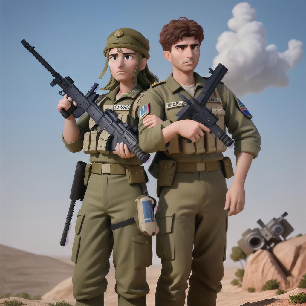  masterpiece, best quality, Best Quality, Masterpiece, Ultra High Resolution, 8k resolution, an impactful image portraying two Israeli soldiers standing side by side, emanating unity and determination. Capture the essence of their readiness and commitment, highlighting the strength and solidarity of these soldiers as they stand together, prepared for duty