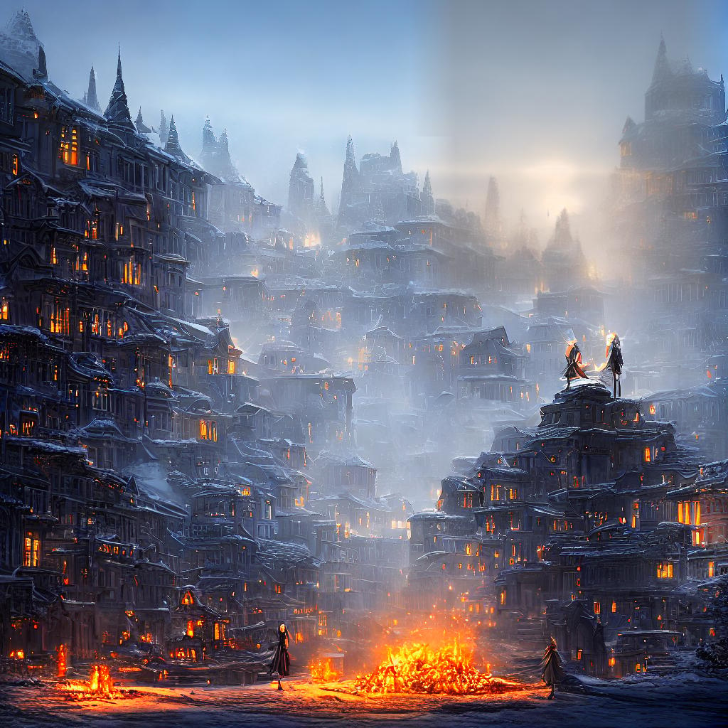  ((masterpiece)),(((best quality))), 8k, high detailed, ultra-detailed. A girl standing in the snow, with a mesmerizing gaze contrasting against the warm glow of a fire. Delicate snowflakes and an ancient street background. hyperrealistic, full body, detailed clothing, highly detailed, cinematic lighting, stunningly beautiful, intricate, sharp focus, f/1. 8, 85mm, (centered image composition), (professionally color graded), ((bright soft diffused light)), volumetric fog, trending on instagram, trending on tumblr, HDR 4K, 8K