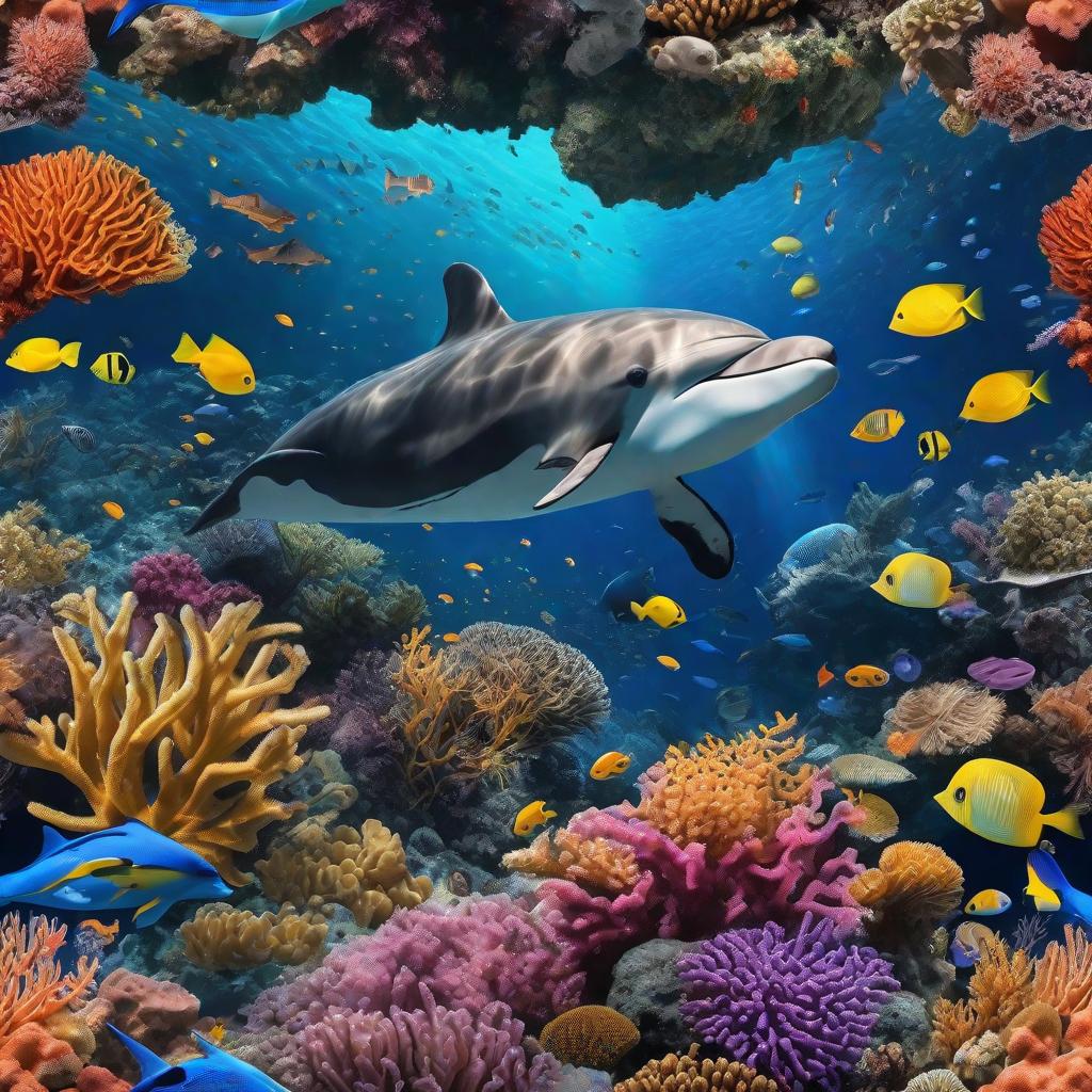  masterpiece, best quality, Most Beautiful in deep sea teeming with vibrant corals, diverse marine life, and enchanting underwater landscapes, full of corals, acrophore, small fishes, anemones, dolphin, various algaes, caves, colorful,all captured in stunning 8k resolution with intricate details.