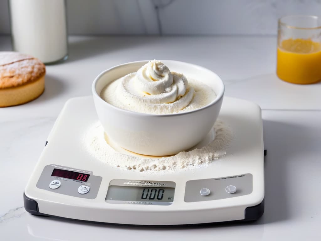  A closeup, highresolution image of a sleek, modern digital kitchen scale displaying precise measurements of flour and sugar. The scale is set on a light marble countertop, with soft natural light illuminating the scene, casting gentle shadows. The digits on the scale are crystal clear, showcasing the accuracy and precision essential in pastry making. The minimalist composition highlights the importance of precise measurements in reducing waste and achieving perfection in baking. hyperrealistic, full body, detailed clothing, highly detailed, cinematic lighting, stunningly beautiful, intricate, sharp focus, f/1. 8, 85mm, (centered image composition), (professionally color graded), ((bright soft diffused light)), volumetric fog, trending on instagram, trending on tumblr, HDR 4K, 8K