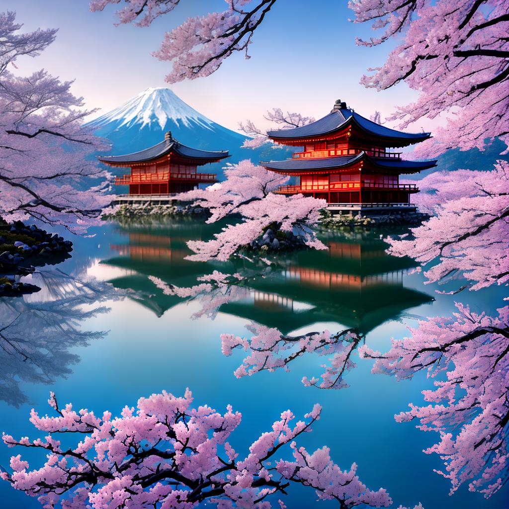  ((masterpiece)), (((best quality))), 8k, high detailed, ultra-detailed. A majestic view of Mount Fuji, standing tall and proud amidst a serene landscape. ((Snow-capped)) with a golden sunrise casting a warm glow on its slopes. Cherry blossom trees ((in full bloom)) surround a tranquil lake, their delicate pink petals reflecting in the water. A traditional Japanese temple ((nestled at the base)) of the mountain adds a touch of cultural richness to the scene. A gentle breeze ((rustles)) the leaves, creating a sense of movement and life. The entire composition is bathed in soft hues of blue and pink, capturing the ethereal beauty of Japan's iconic landmark. The lighting is ((subtle and atmospheric)), enhancing the overall sense of tranquility. hyperrealistic, full body, detailed clothing, highly detailed, cinematic lighting, stunningly beautiful, intricate, sharp focus, f/1. 8, 85mm, (centered image composition), (professionally color graded), ((bright soft diffused light)), volumetric fog, trending on instagram, trending on tumblr, HDR 4K, 8K