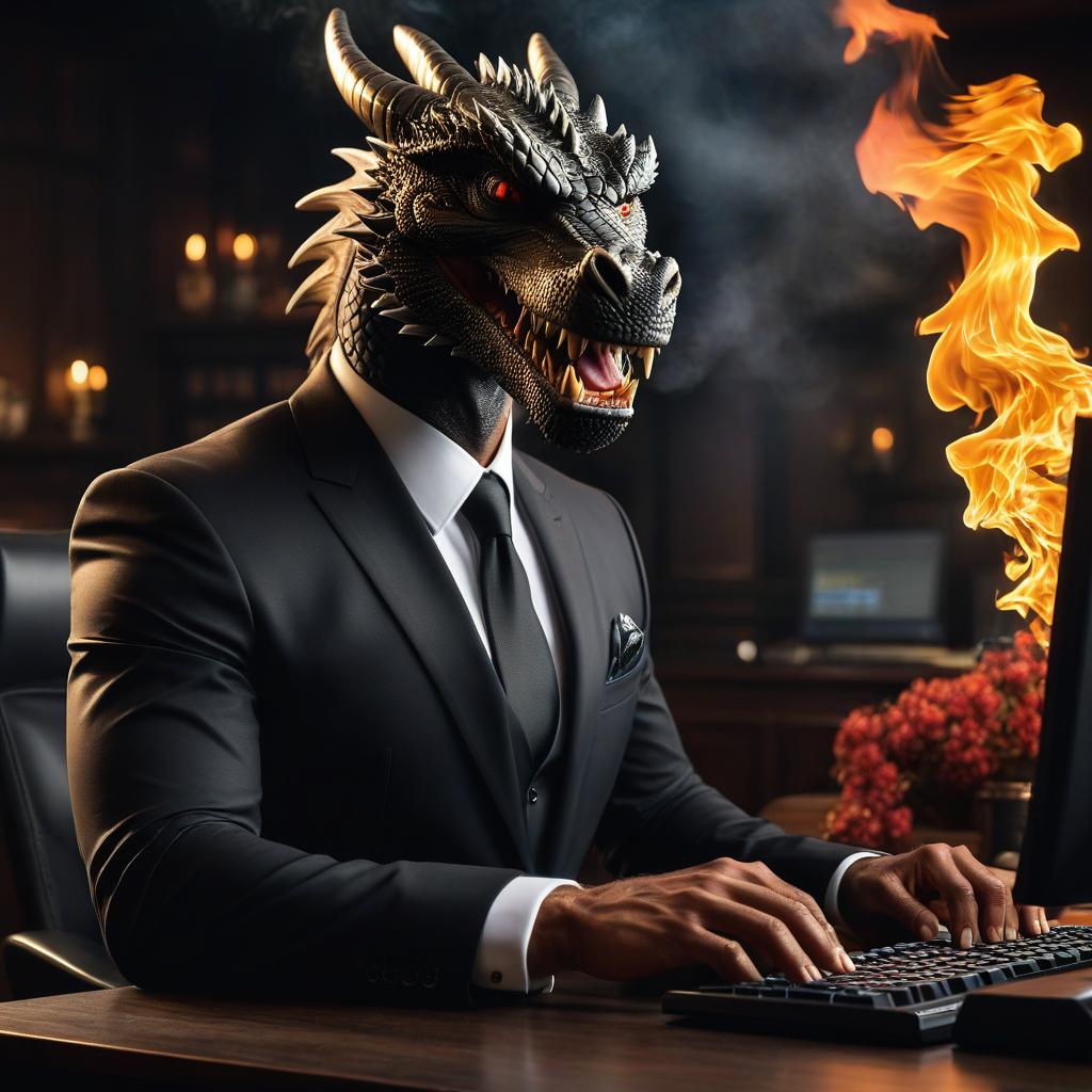  Food photography style Headshot, looking straight into the camera, full face, dragon in a dark suit, kind, with a smile, at the computer, typing on the keyboard, fire all around . Appetizing, professional, culinary, high resolution, commercial, highly detailed hyperrealistic, full body, detailed clothing, highly detailed, cinematic lighting, stunningly beautiful, intricate, sharp focus, f/1. 8, 85mm, (centered image composition), (professionally color graded), ((bright soft diffused light)), volumetric fog, trending on instagram, trending on tumblr, HDR 4K, 8K