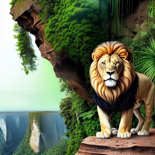  lion standing on the opposite side of of a cliff with a view of a big jungle