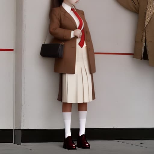  A lady in brown short skirt uniform , white oversize shirt , red and white tie , brown jacket and white socks , black shoe .