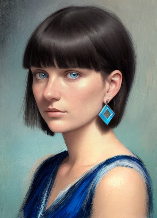  The image shows a close-up portrait of a young woman with short dark hair and bangs. She has blue eyes and is wearing earrings. The woman has an introspective or pensive expression on her face as she gazes off to the side. The portrait has an artistic, painted quality with visible brush strokes and textures, giving it the look of a digital or traditional painting rather than a photograph.