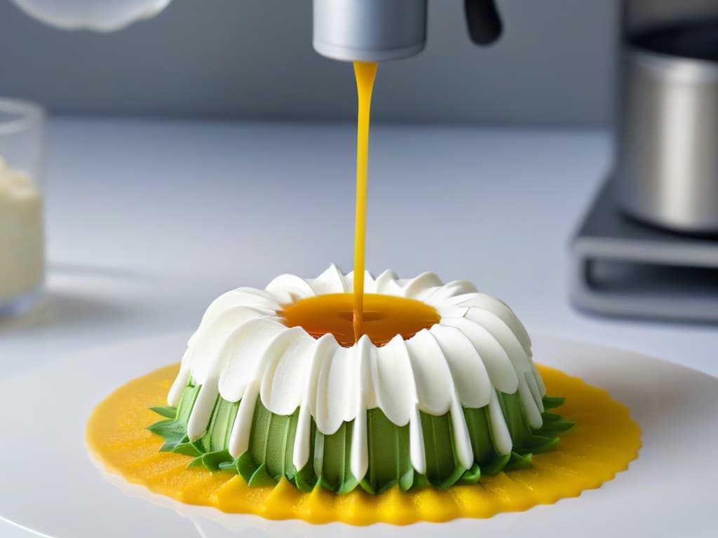  A closeup, ultradetailed image of a 3D printer nozzle delicately extruding a intricate, allergenfree dessert design in a sleek, modern kitchen setting. The focus is on the precision of the printing process, showcasing the intricate details of the dessert being created, with a soft ambient light illuminating the scene, emphasizing the elegance and innovation of allergensafe dessert creation through 3D printing technology. hyperrealistic, full body, detailed clothing, highly detailed, cinematic lighting, stunningly beautiful, intricate, sharp focus, f/1. 8, 85mm, (centered image composition), (professionally color graded), ((bright soft diffused light)), volumetric fog, trending on instagram, trending on tumblr, HDR 4K, 8K