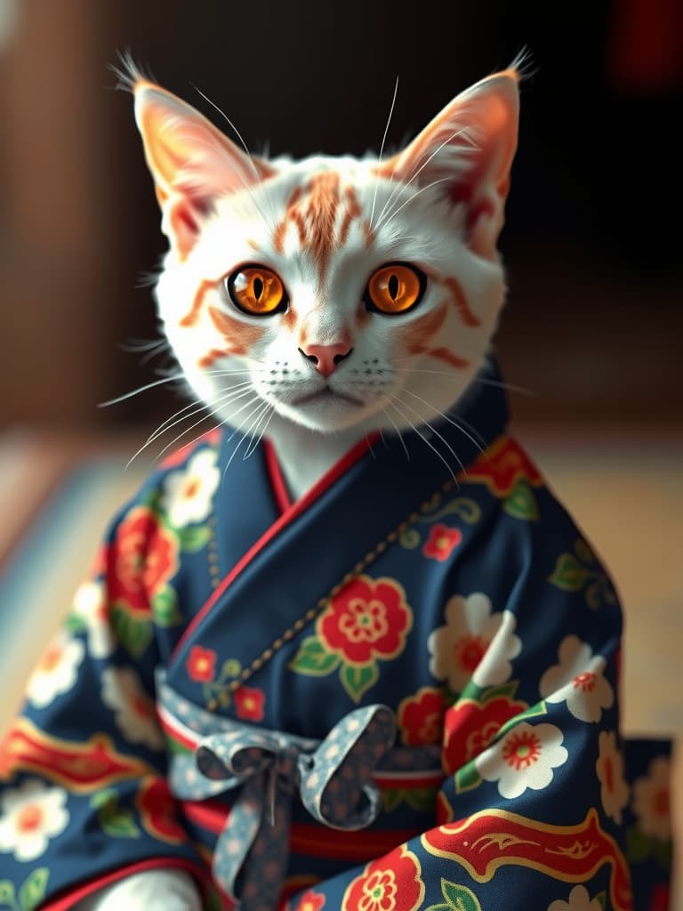  crie uma imagem de um gato persa vestido com um kimono elegante. o kimono deve ser detalhado, com padrões tradicionais e cores vibrantes, como vermelho, dourado e azul, refletindo o estilo clássico ..... hyperrealistic, full body, detailed clothing, highly detailed, cinematic lighting, stunningly beautiful, intricate, sharp focus, f/1. 8, 85mm, (centered image composition), (professionally color graded), ((bright soft diffused light)), volumetric fog, trending on instagram, trending on tumblr, HDR 4K, 8K