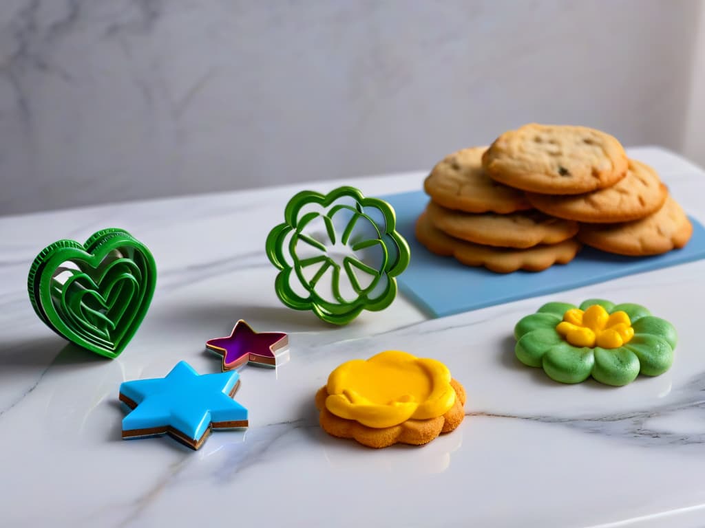  A highresolution image of an array of intricately designed cookie cutters in various shapes and sizes, neatly arranged on a sleek marble countertop under soft, natural lighting. The cookie cutters are made of shiny stainless steel, showcasing intricate details like stars, hearts, flowers, and geometric patterns. Each cutter is meticulously placed, highlighting the precision and artistry essential in baking, embodying the essence of basic pastry tools in a visually appealing and minimalist composition. hyperrealistic, full body, detailed clothing, highly detailed, cinematic lighting, stunningly beautiful, intricate, sharp focus, f/1. 8, 85mm, (centered image composition), (professionally color graded), ((bright soft diffused light)), volumetric fog, trending on instagram, trending on tumblr, HDR 4K, 8K