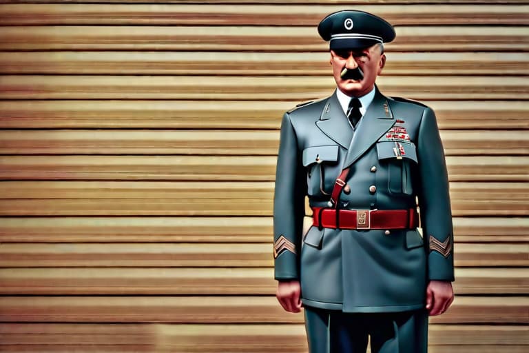  Happy Hitler hyperrealistic, full body, detailed clothing, highly detailed, cinematic lighting, stunningly beautiful, intricate, sharp focus, f/1. 8, 85mm, (centered image composition), (professionally color graded), ((bright soft diffused light)), volumetric fog, trending on instagram, trending on tumblr, HDR 4K, 8K