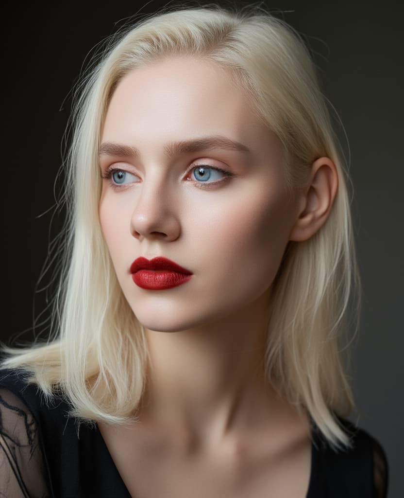  good quality, high quality, mature 40yo woman, side view, closeup face portrait, plus size, expert make up, subtle red lipstick, platinum blonde hair, detailed face, detailed lips, detailed eyes, detailed hair, detailed skin, detailed makeup