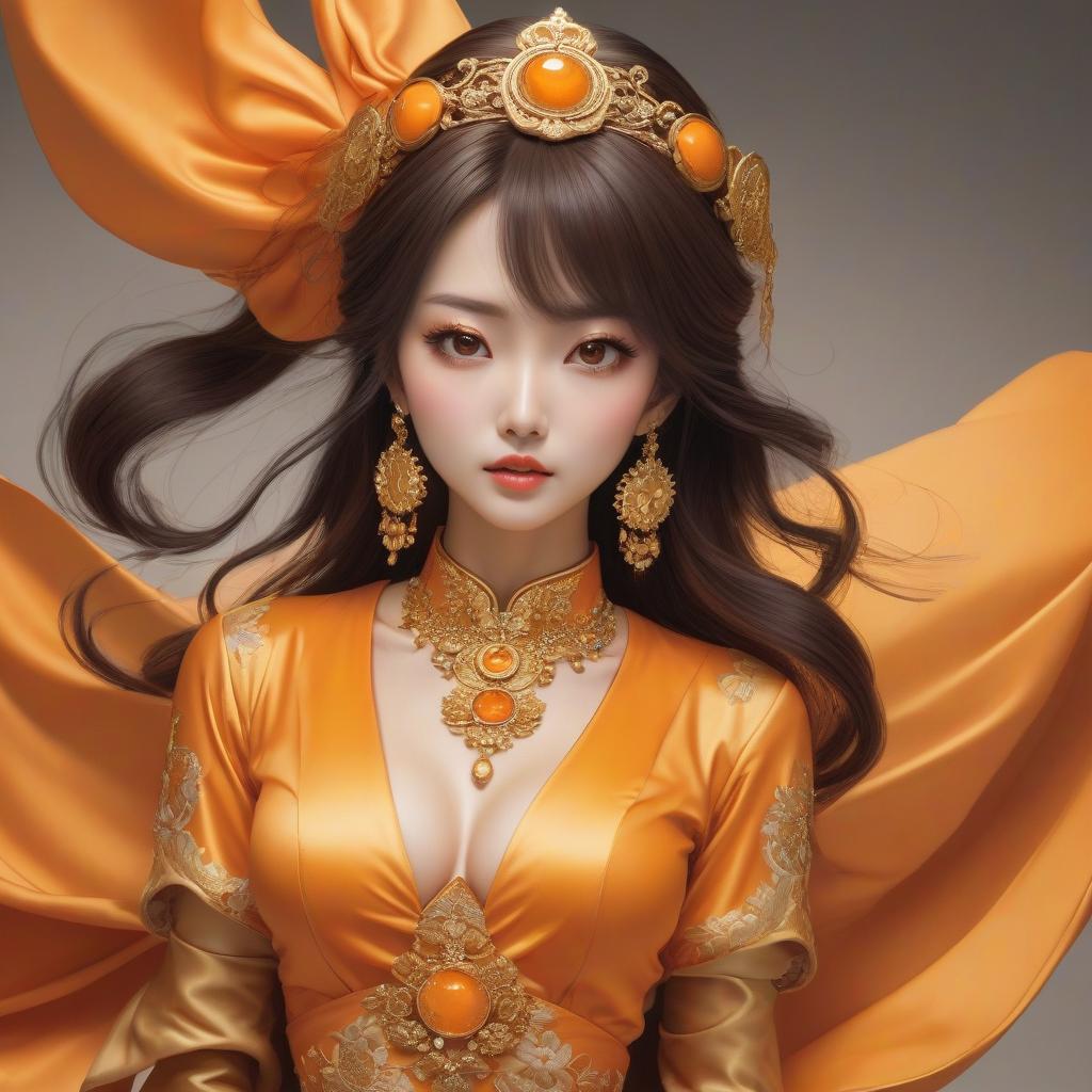  A cartoon girl in an orange costume with gold jewelry, in the style of miho hirano, light yellow and dark brown, close up, traditional costumes, childlike simplicity, comic art, tondo hyperrealistic, full body, detailed clothing, highly detailed, cinematic lighting, stunningly beautiful, intricate, sharp focus, f/1. 8, 85mm, (centered image composition), (professionally color graded), ((bright soft diffused light)), volumetric fog, trending on instagram, trending on tumblr, HDR 4K, 8K