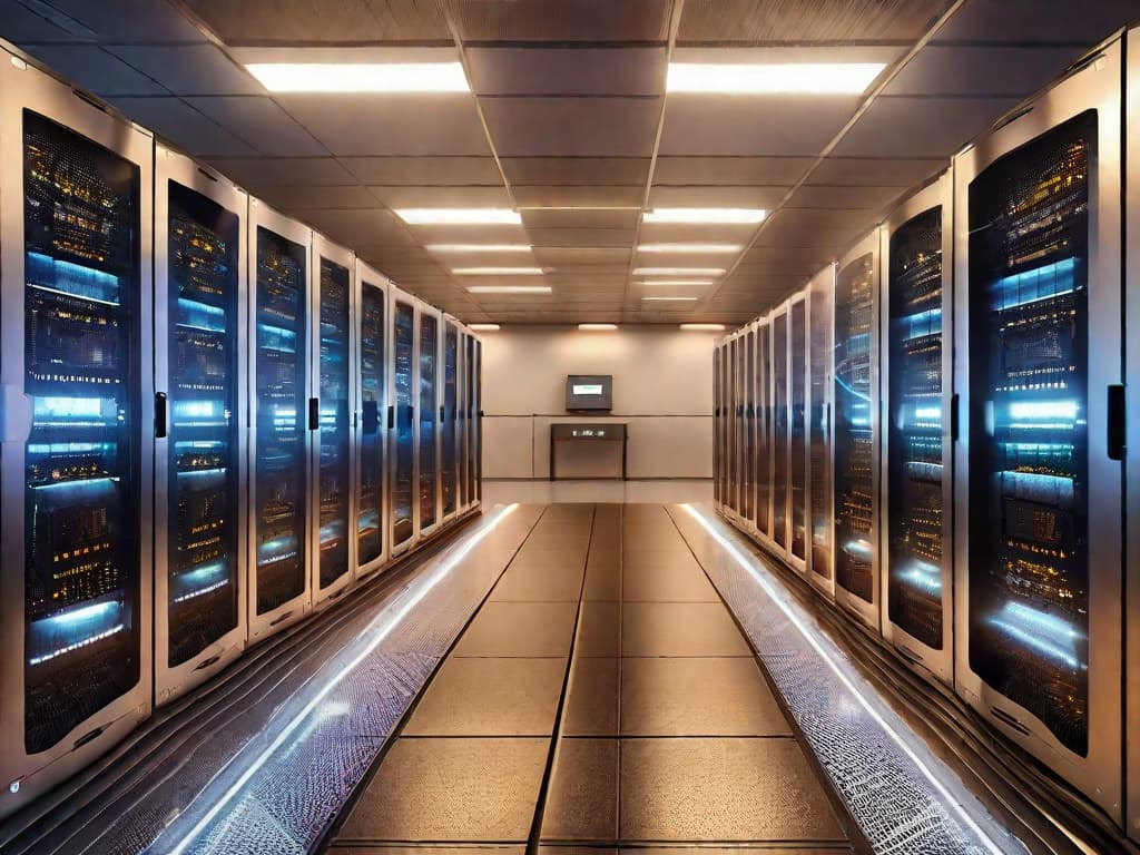  A high-tech server room with racks of computers and LED lights, symbolizing a digital mining operation with advanced data processing and cryptocurrency mining capabilities. digital art, ilustration, no flares, clean hyperrealistic, full body, detailed clothing, highly detailed, cinematic lighting, stunningly beautiful, intricate, sharp focus, f/1. 8, 85mm, (centered image composition), (professionally color graded), ((bright soft diffused light)), volumetric fog, trending on instagram, trending on tumblr, HDR 4K, 8K