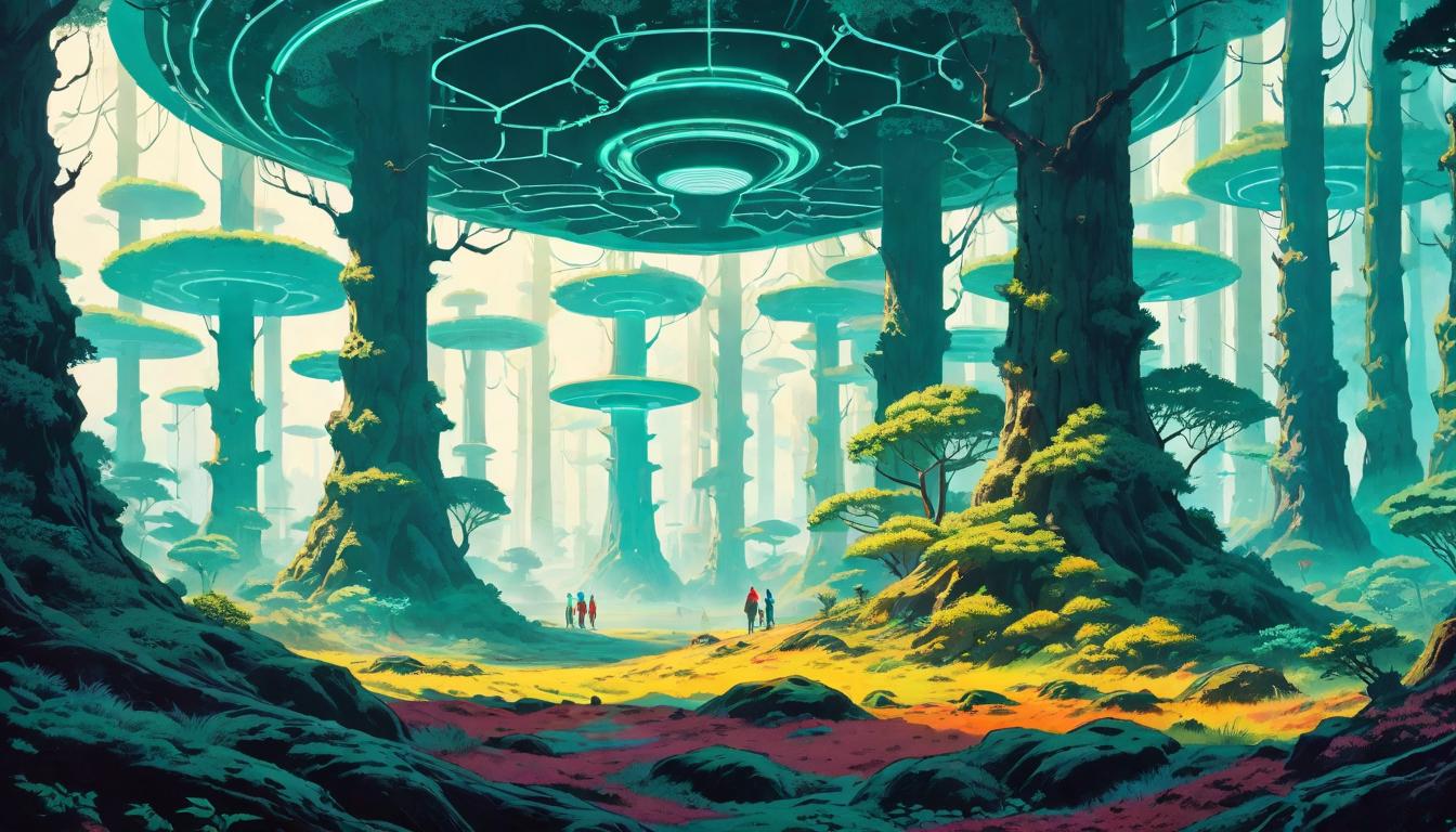  retro futuristic A network of underground mycelium connecting trees in a forest, visible section beneath the soil. Symbiosis, cooperation, unseen bonds. lvintage sci fi, 50s and 60s style, atomic age, vibrant, highly detailed