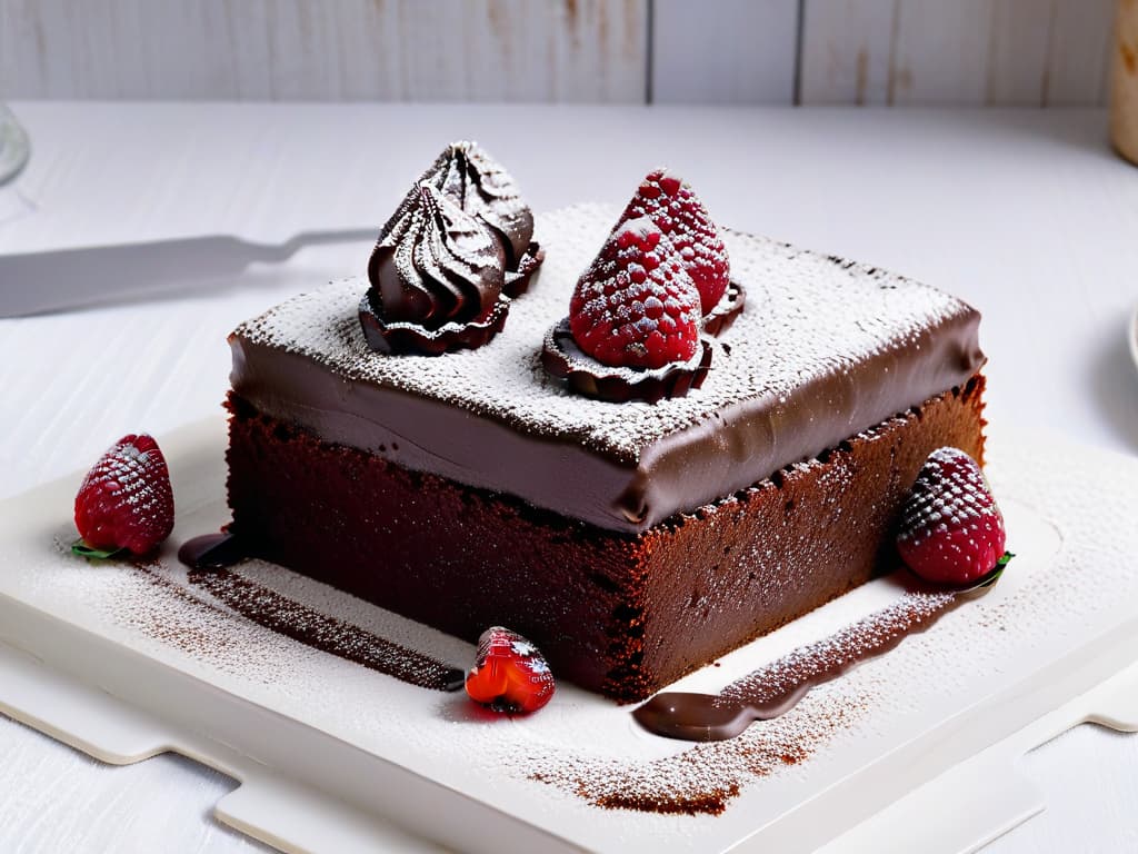  A visually stunning, minimalist image of a decadent chocolate cake slice, topped with fresh raspberries and a dusting of powdered sugar, displayed on a sleek white plate. The rich chocolate contrasts beautifully with the vibrant red raspberries, creating an enticing and elegant dessert that embodies the idea of lowcalorie indulgence without compromising on taste. The focus is on the intricate details of the cake, showcasing its moist texture and glossy appearance, inviting the viewer to savor the flavors through the screen. hyperrealistic, full body, detailed clothing, highly detailed, cinematic lighting, stunningly beautiful, intricate, sharp focus, f/1. 8, 85mm, (centered image composition), (professionally color graded), ((bright soft diffused light)), volumetric fog, trending on instagram, trending on tumblr, HDR 4K, 8K